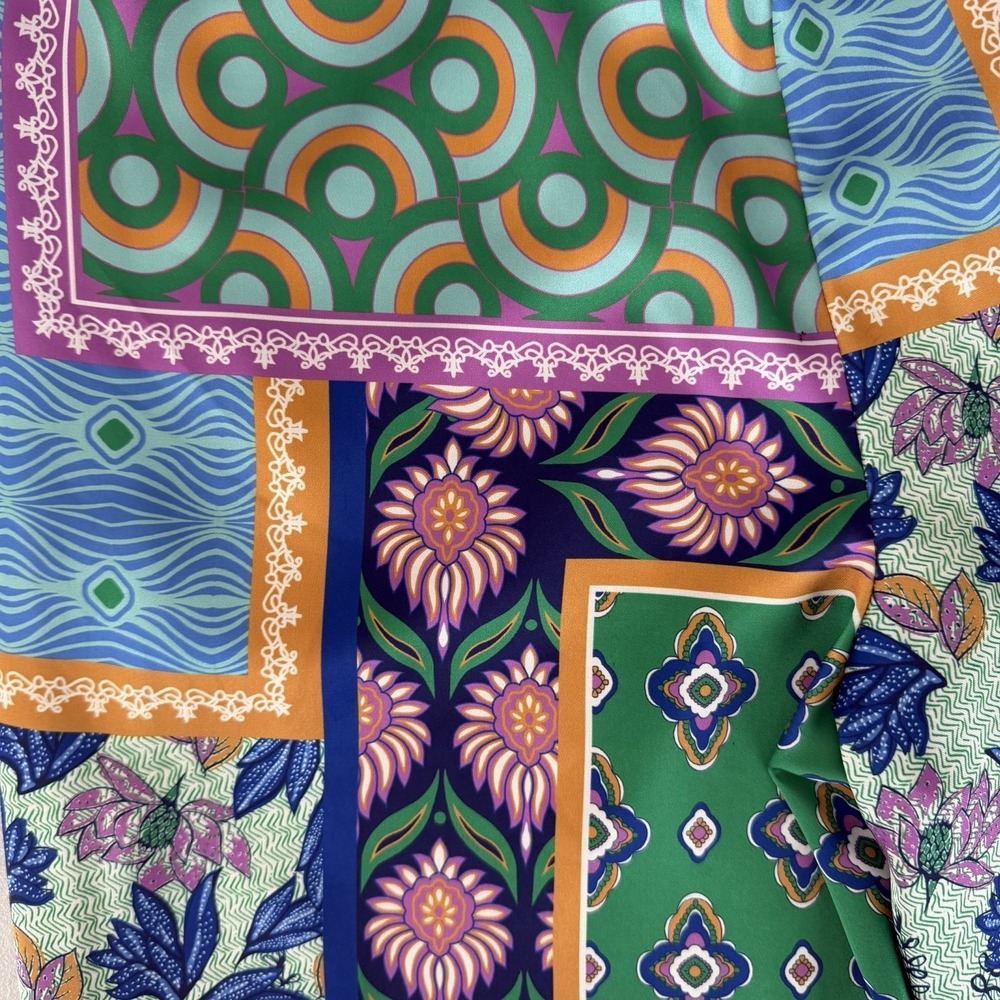 Rachel Zoe Patchwork Palazzo Pants Sz L Wide Leg • Scarf Print Resort Wear Boho - Picture 6 of 12